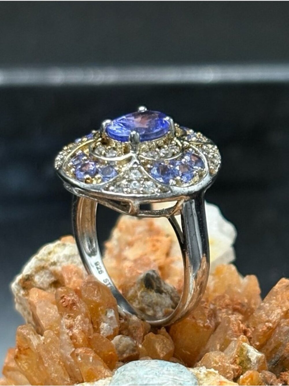 Oval purple & white stone Halo Ring Sterling Silver R205